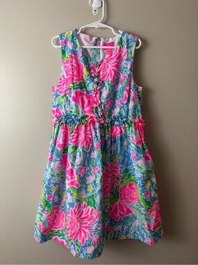 Girls Lilly Pulitzer Pink & Blue Floral Ruffle Waist Dress Size 12